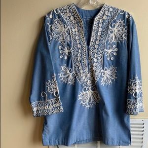 Vintage 1960s chambray blue top  w/ hand crochet cuffs, collar, and armholes